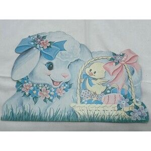 VTG 1960s Baby Lamb Easter Basket Chick Eggs Bow Die Cut Wall Decoration 7393